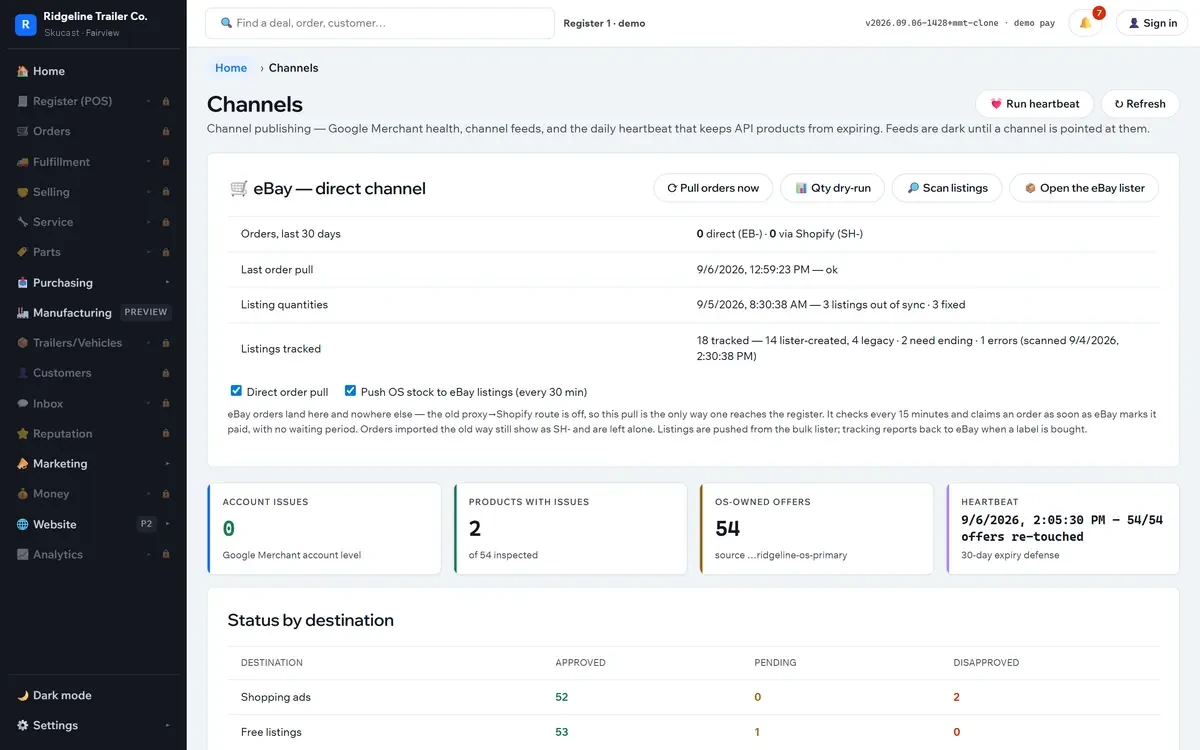 The Channels screen showing eBay as a direct channel with orders and listings synced, then Merchant Center status broken out by destination — shopping ads, free listings — with approved, pending and disapproved counts.